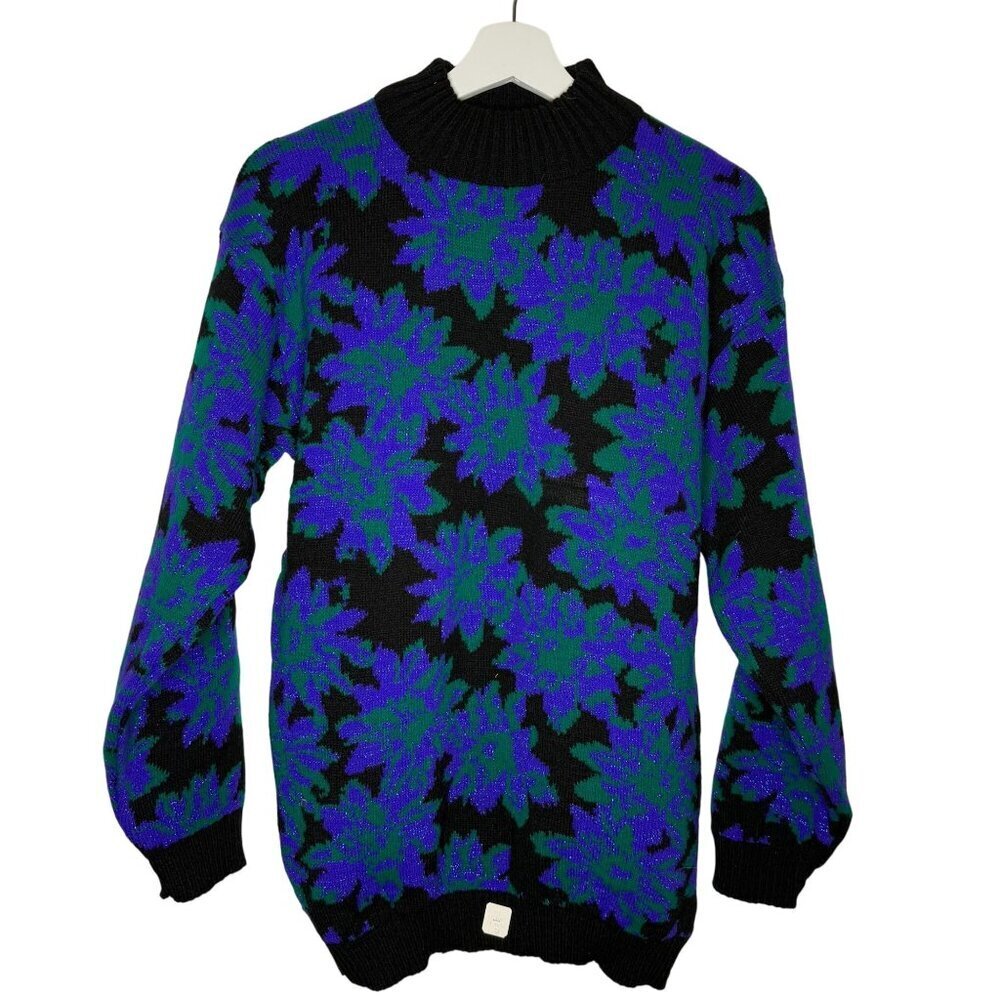 Vintage Spunky Floral Sweater Black Green Purple Made In USA Size M Metallic Tag